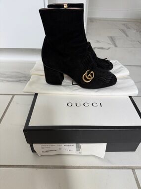 Gucci Black Suede Fringe Ankle Boots with Gold Double G